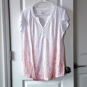 Liz Claiborne short sleeve quarter button-up top white with print design medium